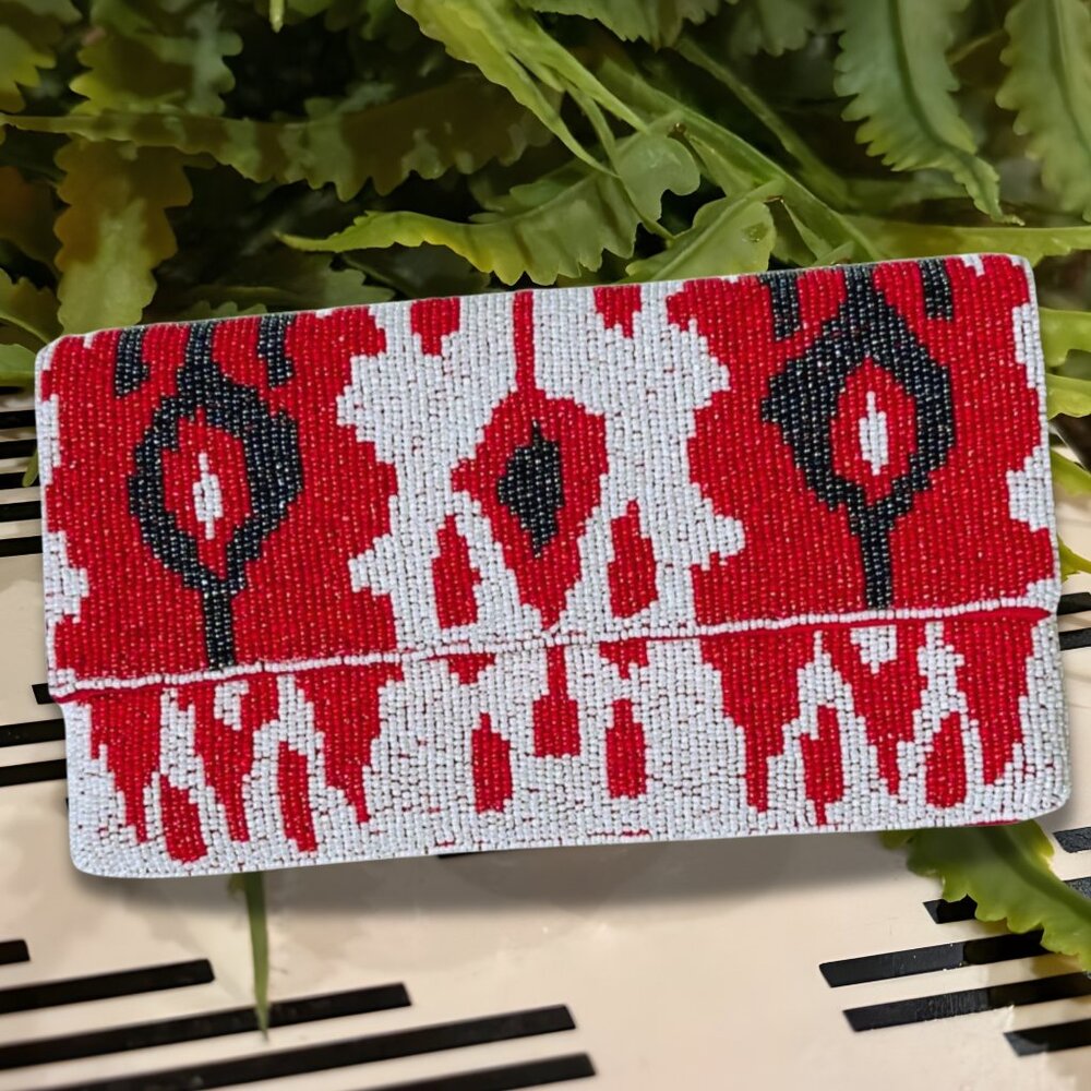 Red Black Ikat Beaded Clutch Crossbody Chain Bag Boho Handbag NEW - Picture 2 of 4